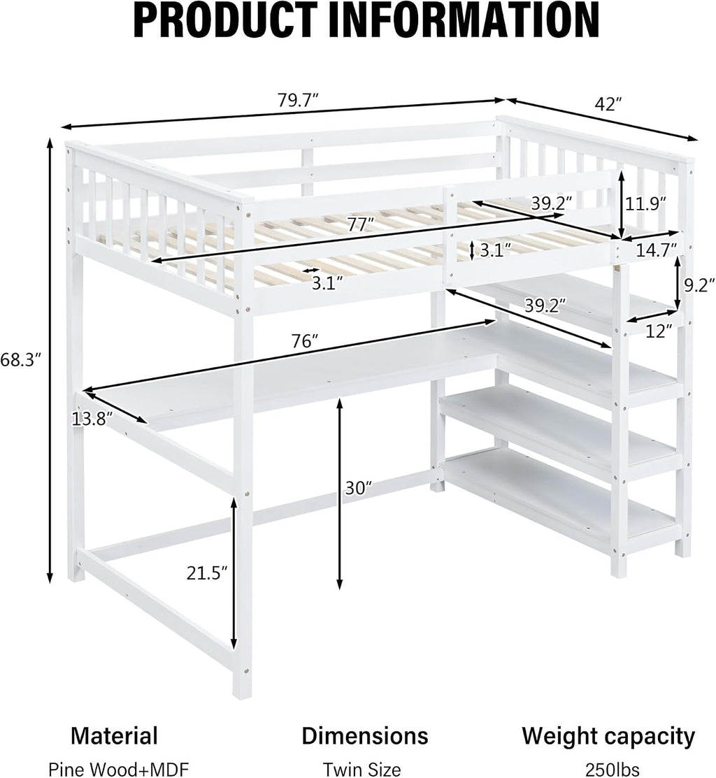 Merax Wood Loft Bed with Desk : Twin Size Loft Bed with 4-Storage Shelves and Under-Bed Desk Solid Wood Bed, White