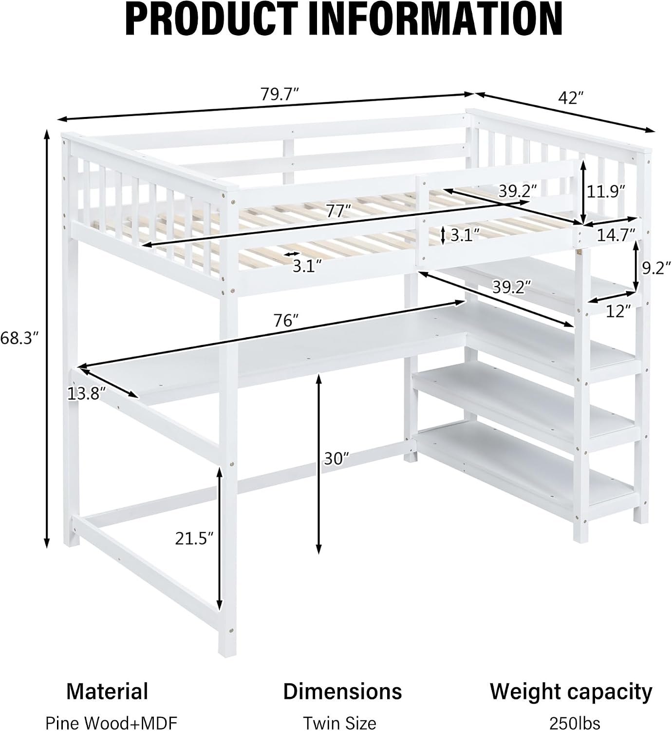 Merax Wood Loft Bed with Desk : Twin Size Loft Bed with 4-Storage Shelves and Under-Bed Desk Solid Wood Bed, White