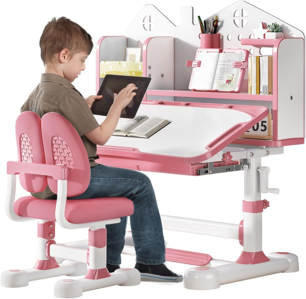 Kids Desk and Chair Set, Height Adjustable Study Desk for Kids Ages 3–12, Easy-Turn Crank Ergonomic Desk with 50° Tiltable Desktop, Storage Drawer & Bookshelf (015-Pink)