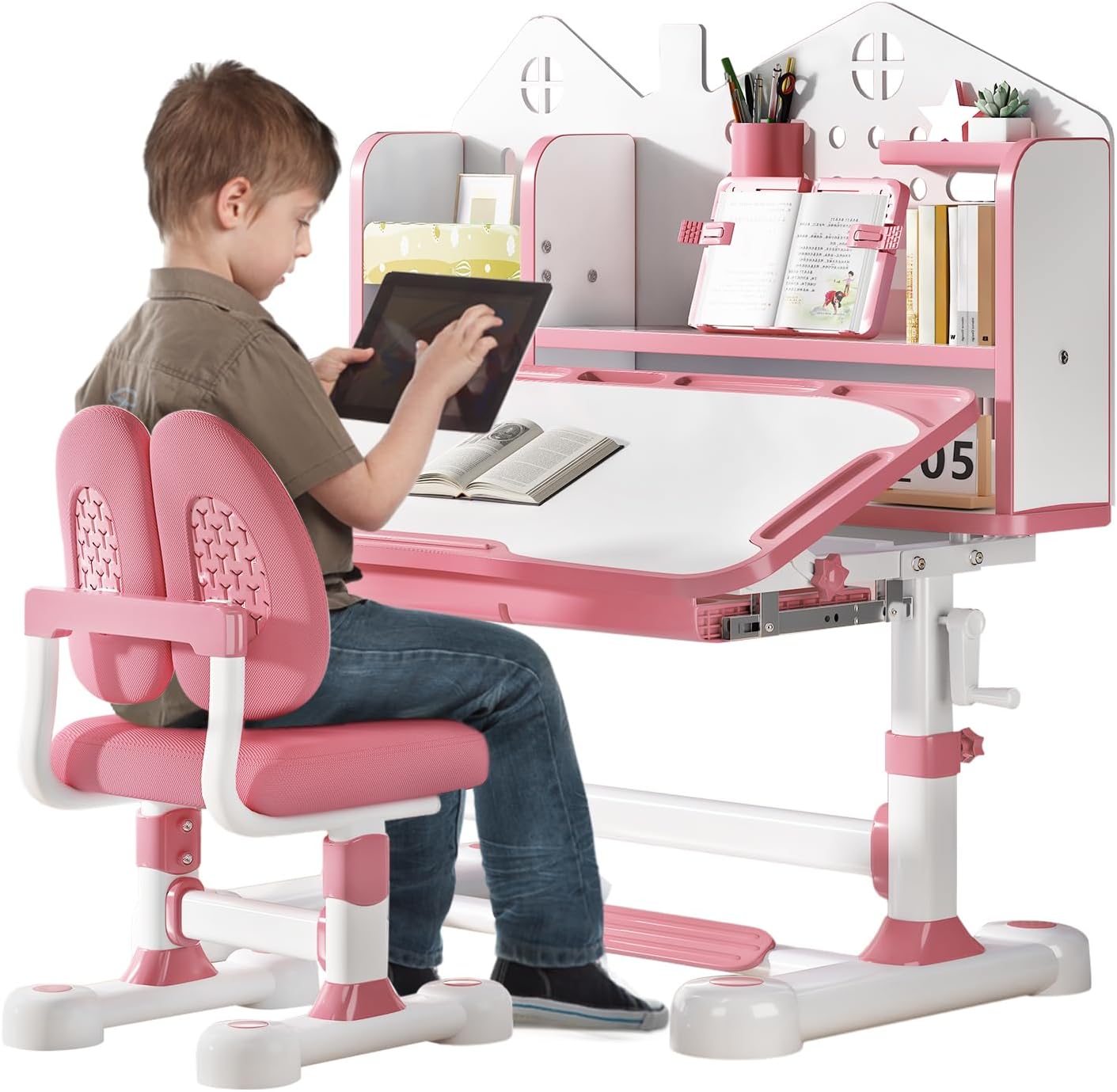 Kids Desk and Chair Set, Height Adjustable Study Desk for Kids Ages 3–12, Easy-Turn Crank Ergonomic Desk with 50° Tiltable Desktop, Storage Drawer & Bookshelf (015-Pink)
