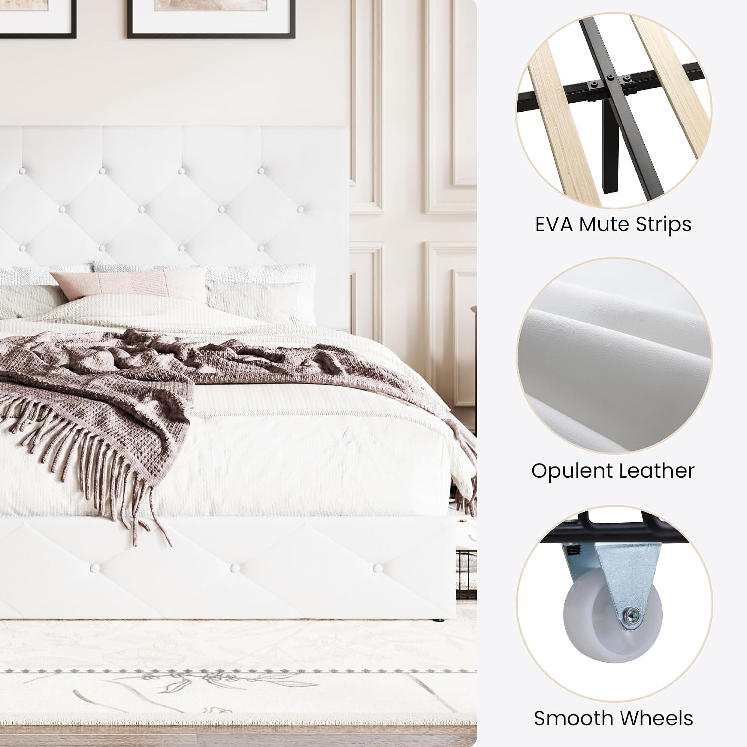 SHA CERLIN Upholstered Queen Platform Storage Bed Frame with 4 Drawers, Adjustable Headboard with Faux Leather Diamond Button Tufted Design, Wooden Slat Support, No Box Spring Needed, White