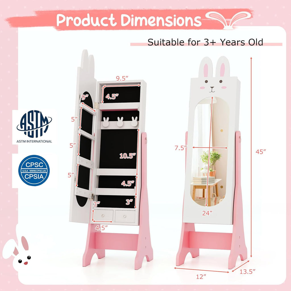 Costzon Kids Vanity Set & Jewelry Armoire Cabinet, Wooden Kids Vanity Table and Chair Set, Standing Jewelry Organizer with Full-Length Mirror, Kids Bedroom Furniture Set for Girls (White)
