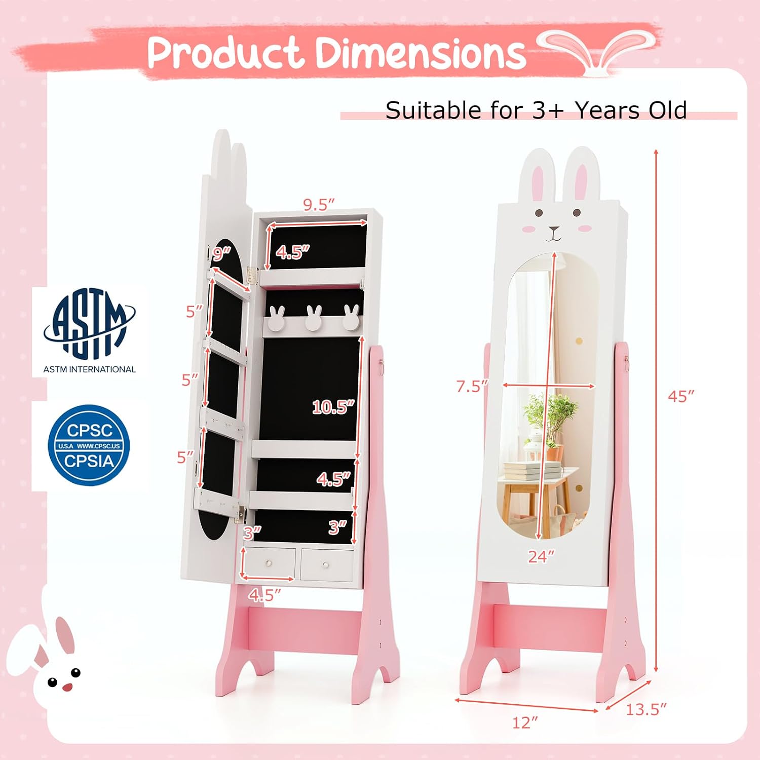 Costzon Kids Vanity Set & Jewelry Armoire Cabinet, Wooden Kids Vanity Table and Chair Set, Standing Jewelry Organizer with Full-Length Mirror, Kids Bedroom Furniture Set for Girls (White)