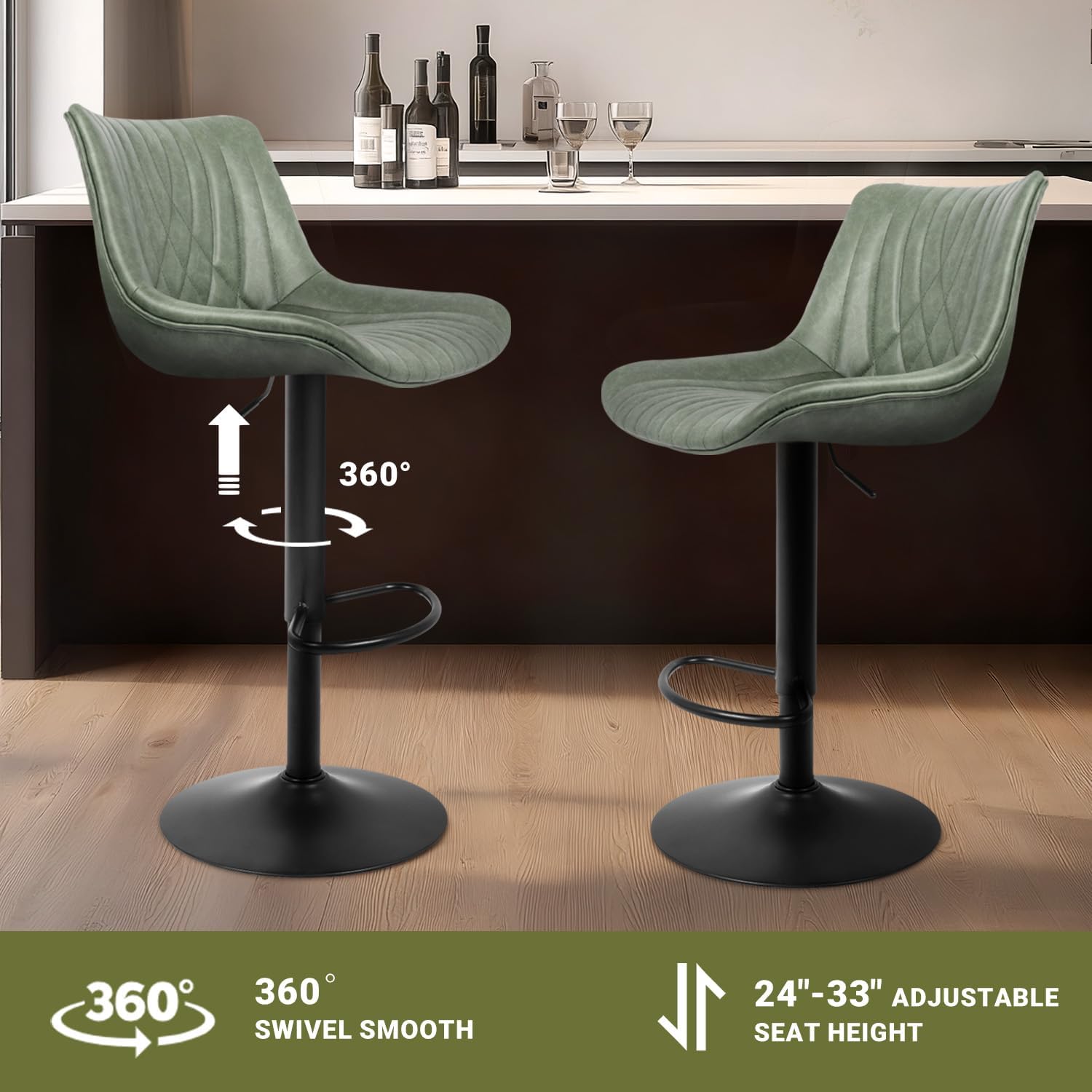 Swivel Bar Stools Set of 4, Height Adjustable Counter Height Bar Stools with Open Back and Footrest, Premium Faux PU Leather, Modern Upholstered Bar Chairs for Kitchen Island/Bar/Counter, Green
