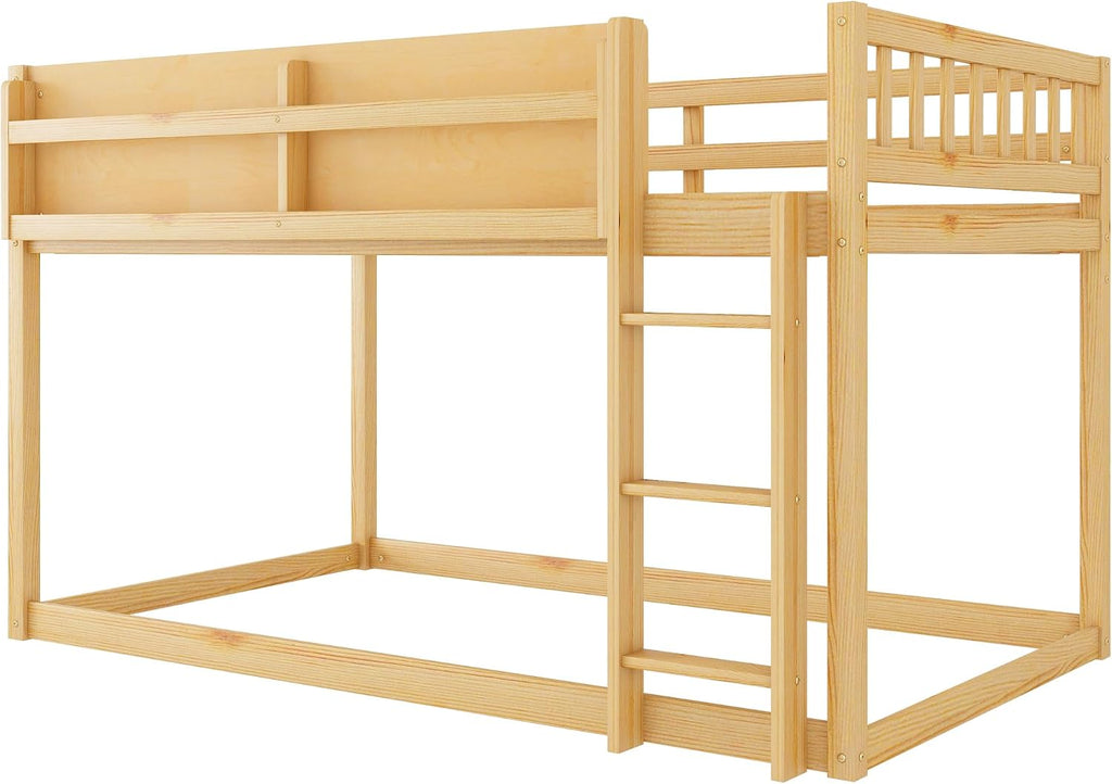 KEIKI Convertible Loft Bed Frame with Storage Shelf, Twin Over Twin Floor Bunk Bed with Ladder & Guardrails, Solid Kids Beds Frames for Boys Girls Bedroom, No Box Spring Needed, Easy Assembly, Brown