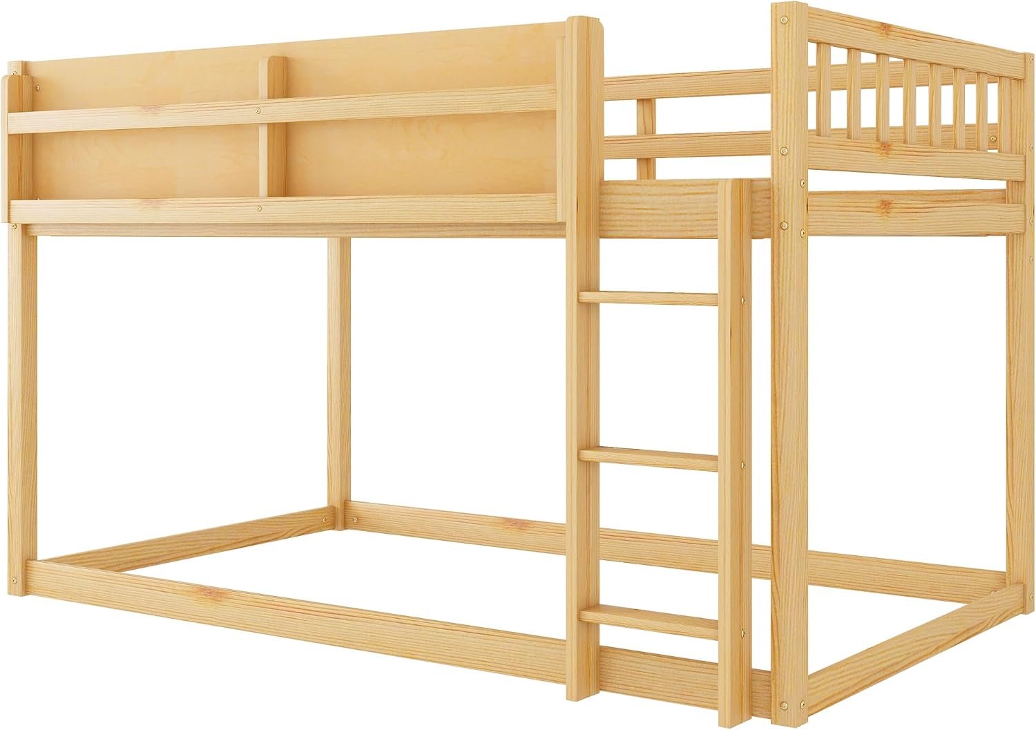 KEIKI Convertible Loft Bed Frame with Storage Shelf, Twin Over Twin Floor Bunk Bed with Ladder & Guardrails, Solid Kids Beds Frames for Boys Girls Bedroom, No Box Spring Needed, Easy Assembly, Brown
