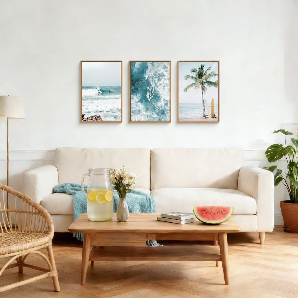 HLNIUC Summer Surfing Beach Framed Canvas Wall Art,Large Coastal Palm Tree Wall Decor,Blue Sea Wave Seascape Artwork Set of 3(24x36),Nature Ocean Landscape Prints for Living Room,Bedroom,Bathroom