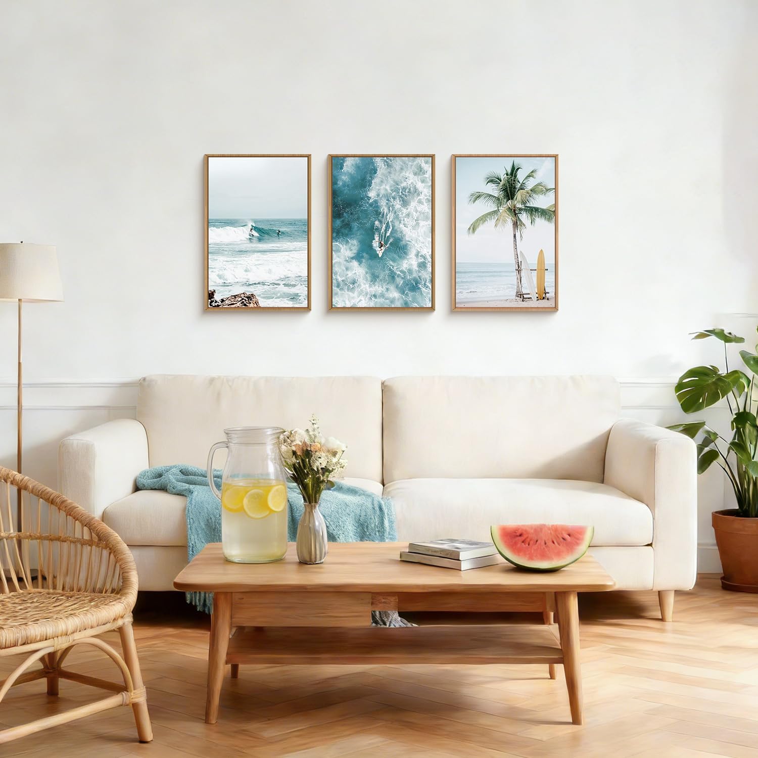 HLNIUC Summer Surfing Beach Framed Canvas Wall Art,Large Coastal Palm Tree Wall Decor,Blue Sea Wave Seascape Artwork Set of 3(24x36),Nature Ocean Landscape Prints for Living Room,Bedroom,Bathroom