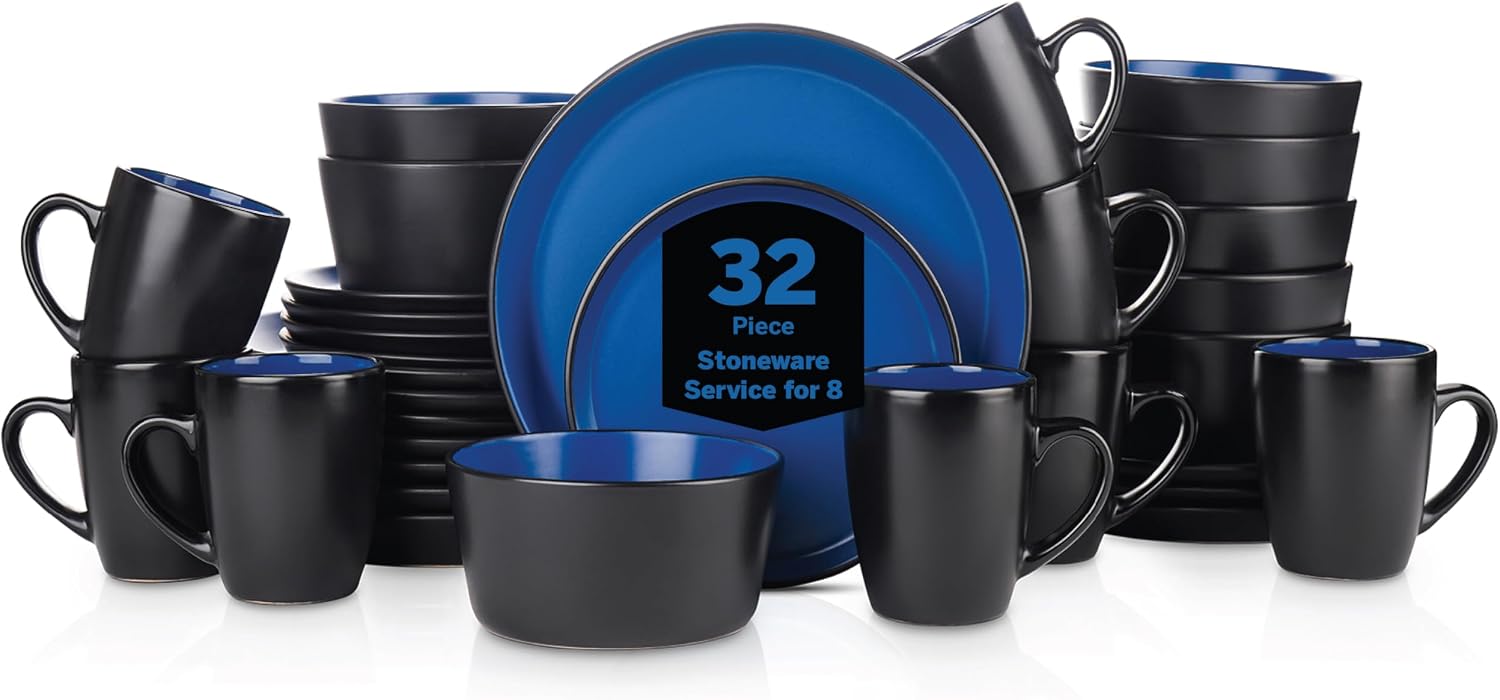 Stone Lain Albie Stoneware 32-Piece Modern Dinnerware Set, Kitchen Plates and Bowls Sets, Service for 8, Blue and Black, Microwave & Dishwasher Safe