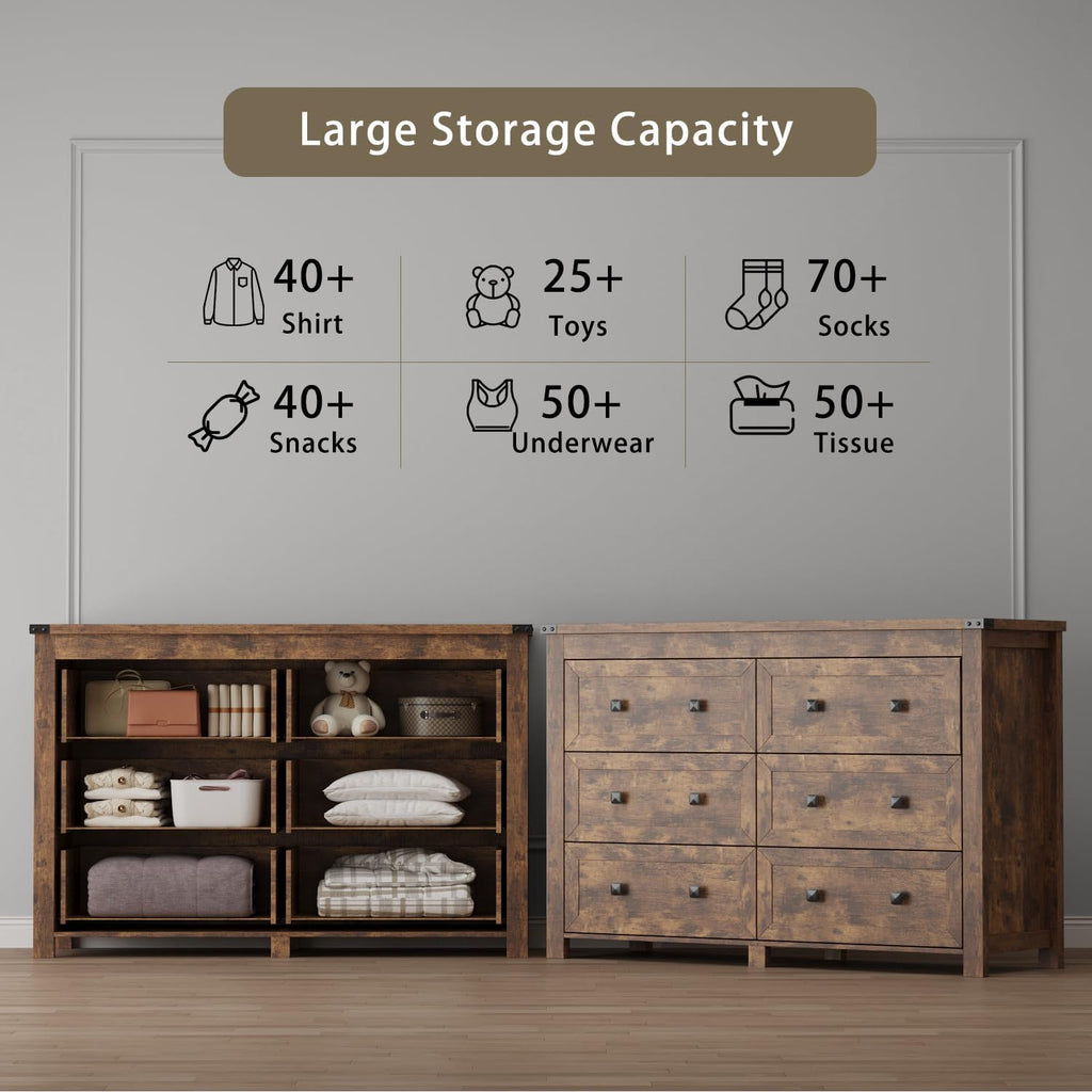 Wodeer 6 Drawer Dresser for Bedroom, Brown Modern Dressers & Chests of Drawers with Metal Handles, Closet Storage Dresser, Storage Cabinet and Organizer with Drawers