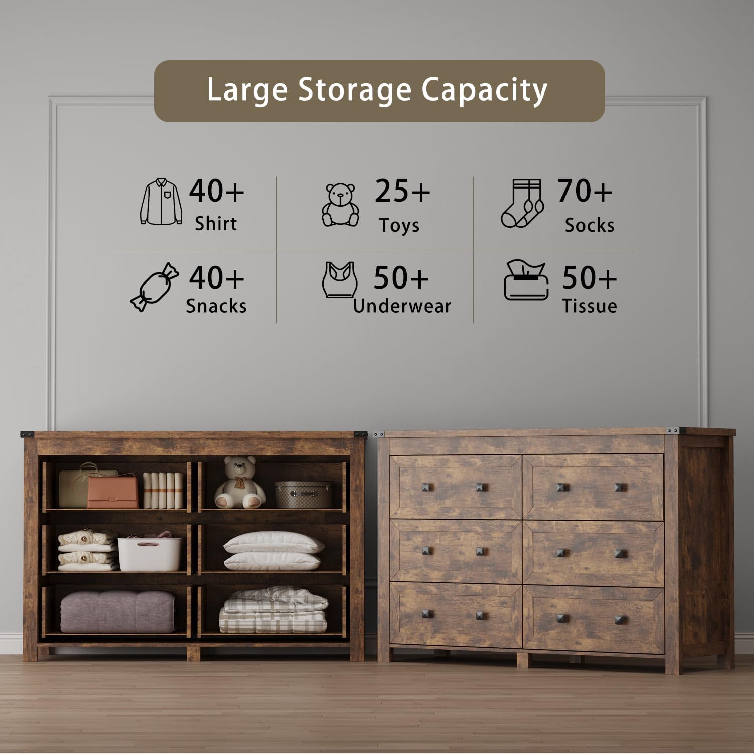 Wodeer 6 Drawer Dresser for Bedroom, Brown Modern Dressers & Chests of Drawers with Metal Handles, Closet Storage Dresser, Storage Cabinet and Organizer with Drawers