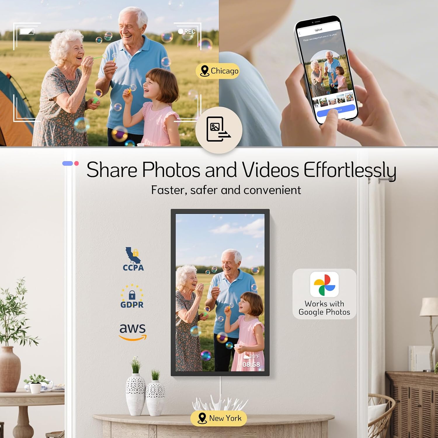 NexFoto 27 Inch Touchscreen Digital Picture Frame, FHD WiFi Photo Frame Electronic, 64GB Digital Frame, Add Photos from Google Photos, Upload Videos, Gifts for Christmas/Mom/Grandparents, Black