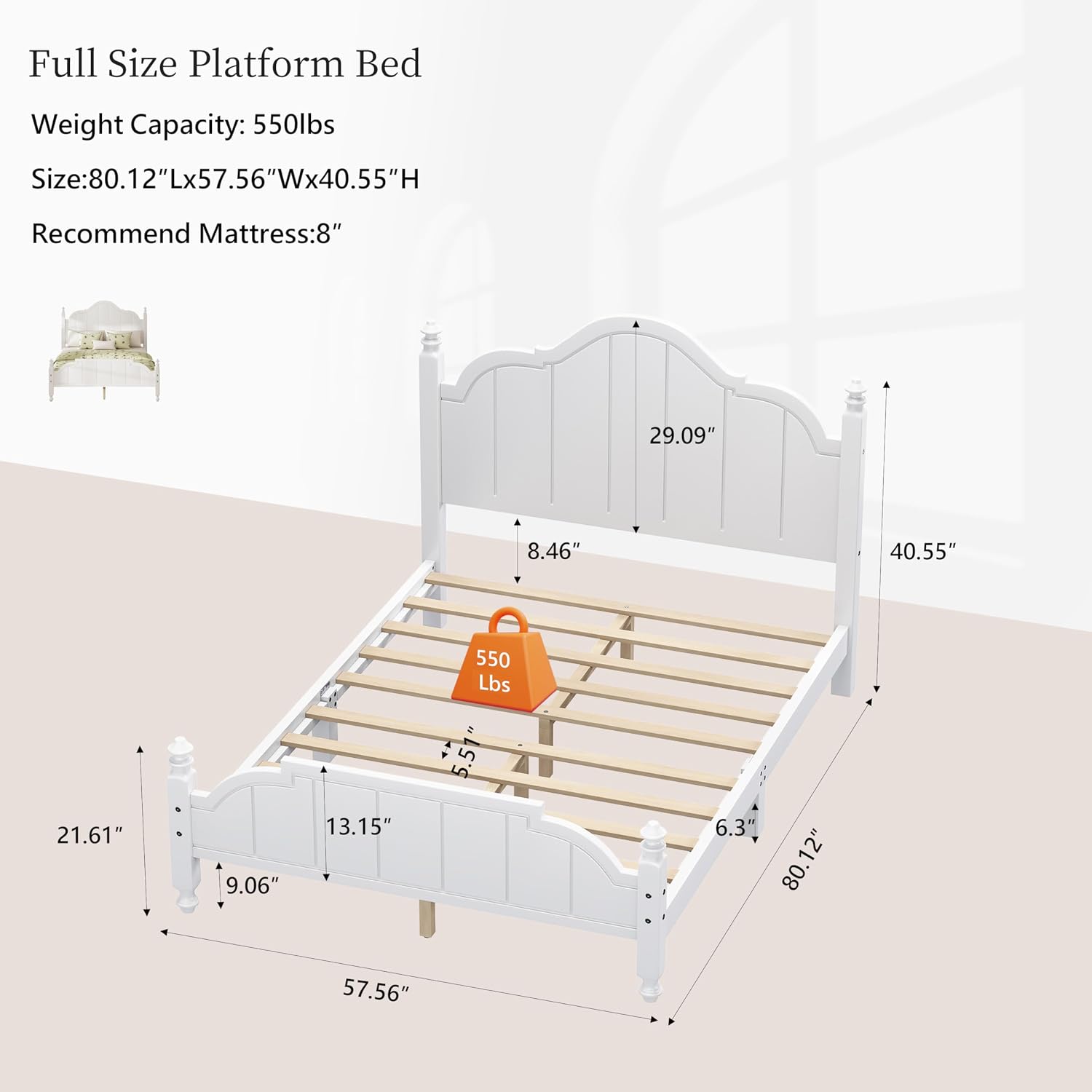 JIVOIT Vintage Wooden Bed Frame, Full Size Platform Bed with Wide Headboard, Wood Slats Support, No Spring Box Needed, Easy Assembly (White-Full,2)
