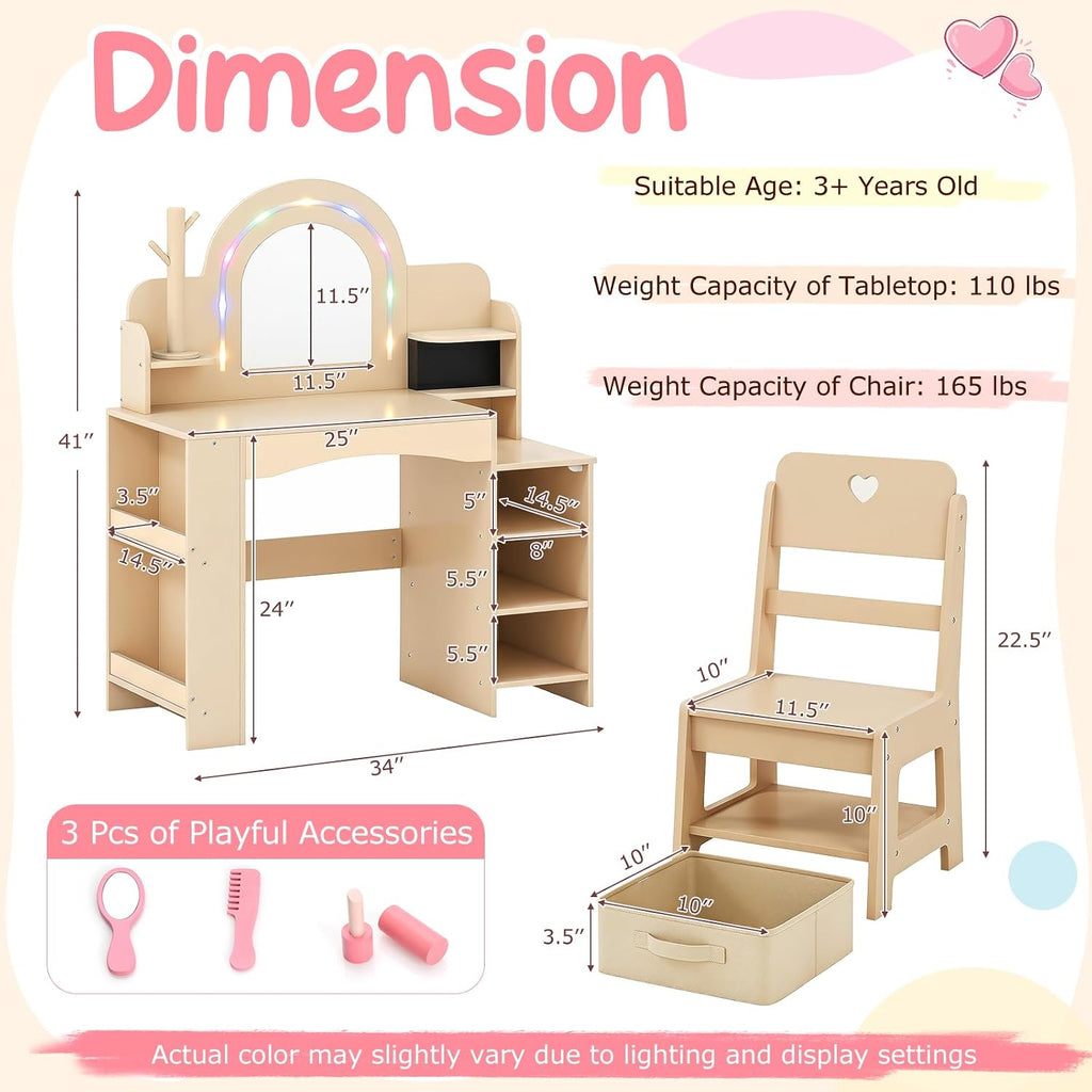 Costzon Kids Vanity, Girls Vanity Set with Lighted Mirror, Bookshelf, Jewelry Storage, Toddler Makeup Vanity Desk Dressing Table, Wooden Kids Vanity Table and Chair Set (Natural)