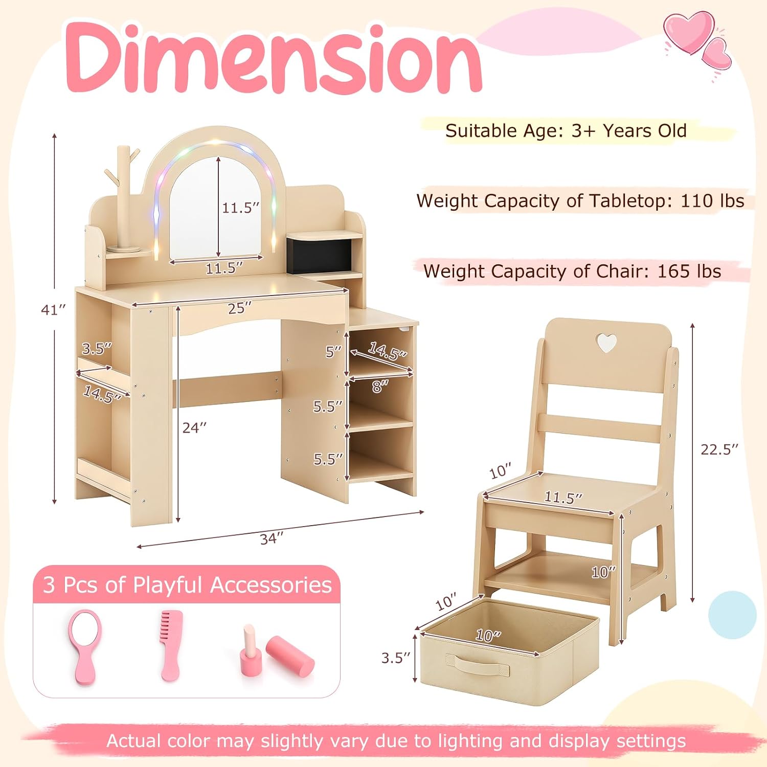 Costzon Kids Vanity, Girls Vanity Set with Lighted Mirror, Bookshelf, Jewelry Storage, Toddler Makeup Vanity Desk Dressing Table, Wooden Kids Vanity Table and Chair Set (Natural)