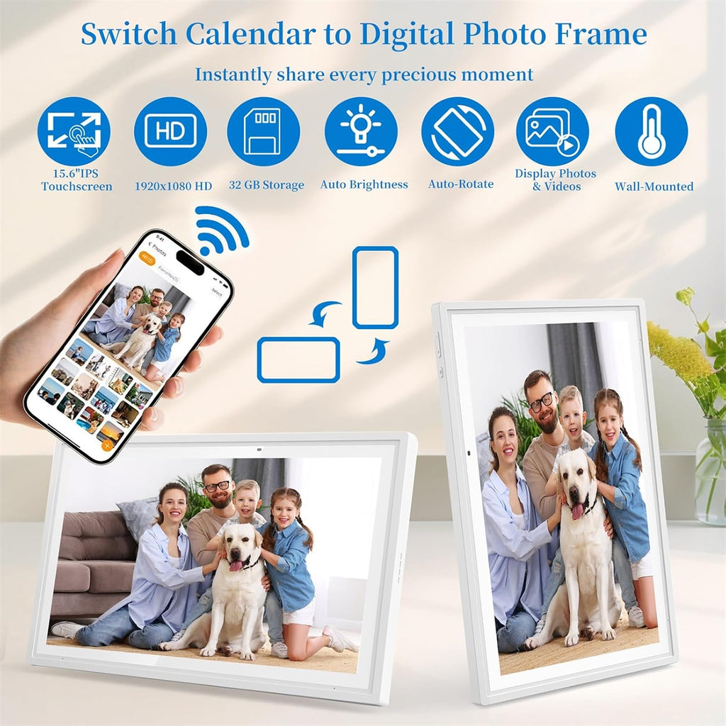 15.6 Inch Digital Calendar, Smart Touchscreen Electronic Wall Calendar & Chore Chart, No Subscription Family Planner with Google/Outlook/iCloud Sync, Meal Planner, Photo Display, Wall & Desk Mountable