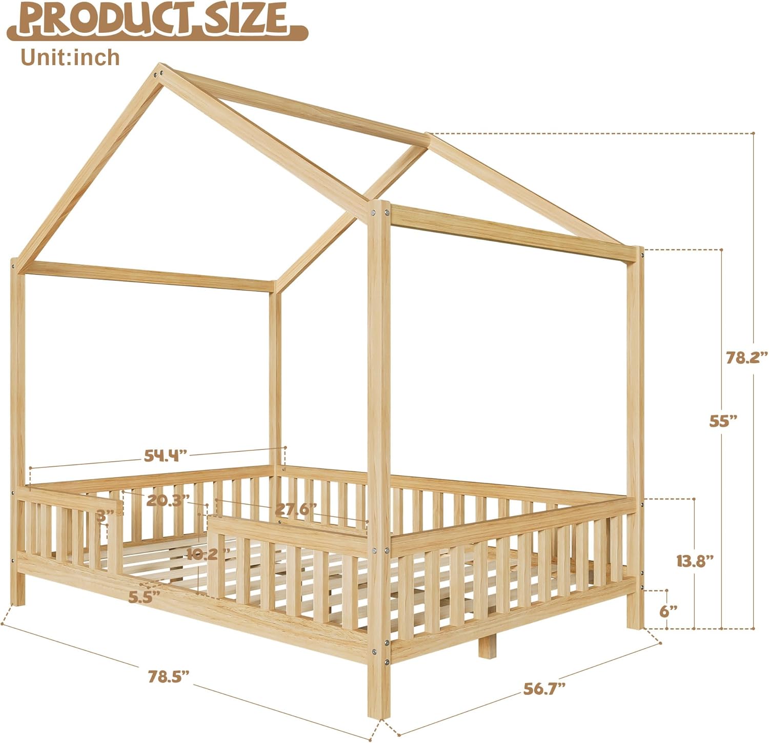 Full Size House-Shape Bed with Canopy and High Railings, Wood Kids Bed Frame with Roof (Natural, Full)