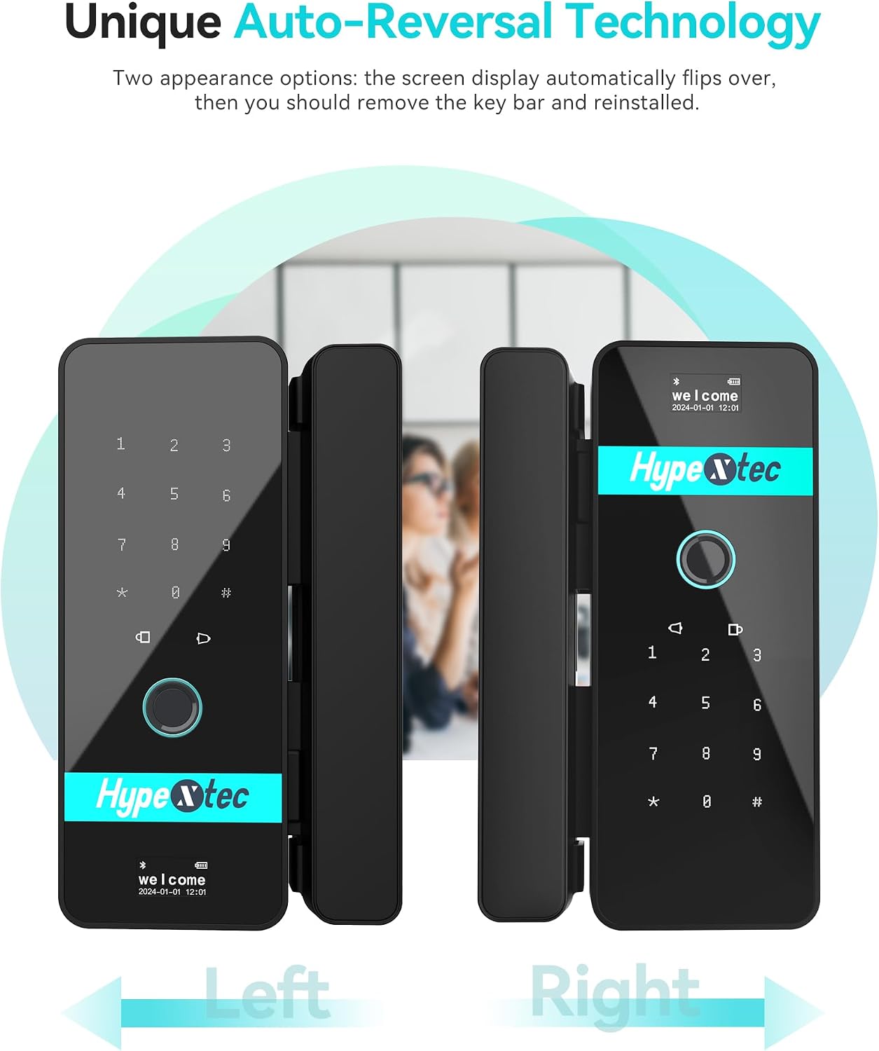 2026 No-Drill Smart Glass Lock for Frameless Doors,Auto-Reversal Keyless Entry Gate Locks with 5 Unlock Ways,Bluetooth App Control/Fingerprint/IC Card/Password/Keys,Home Office Business