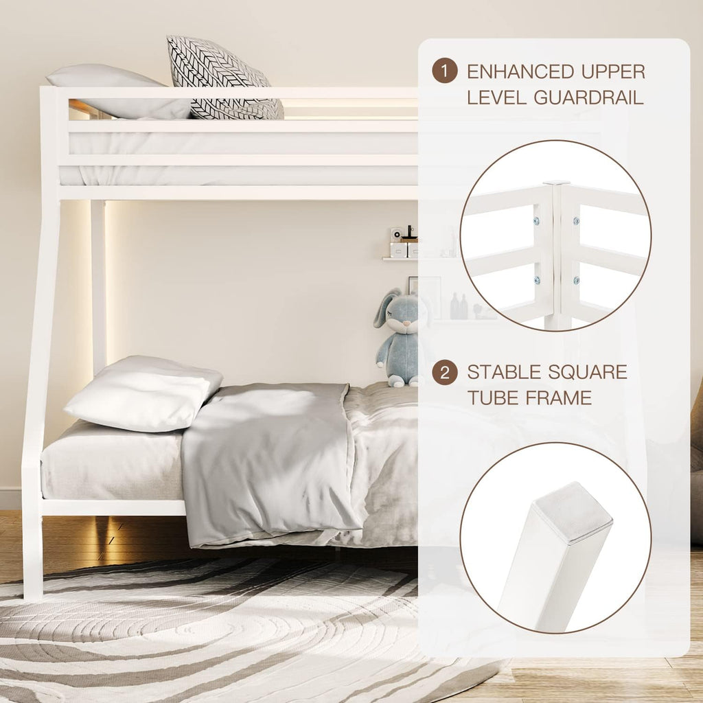 ikalido Metal Loft Bunk Bed Twin Over Full Size with Safety Guardrail and Ladder, No Box Spring Needed Space Saving Bedroom Furniture, Cream White