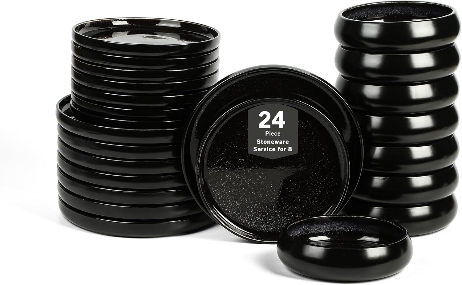 Stone Lain Lagoon 24-Piece Dinnerware Set Stoneware, Plates and Bowls set, Microwave and Dishwasher Safe, Dish Set for 8, Black