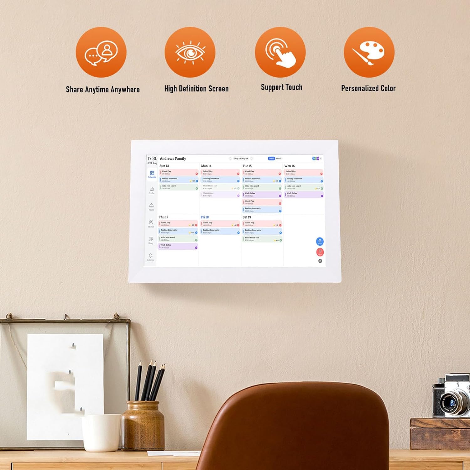 13.3 Inch WiFi Touchscreen Digital Calendar, AI Portrait Restoration Meal Planning Smart Family Planner Display, Digital Calendar for Kitchen Wall Home Office