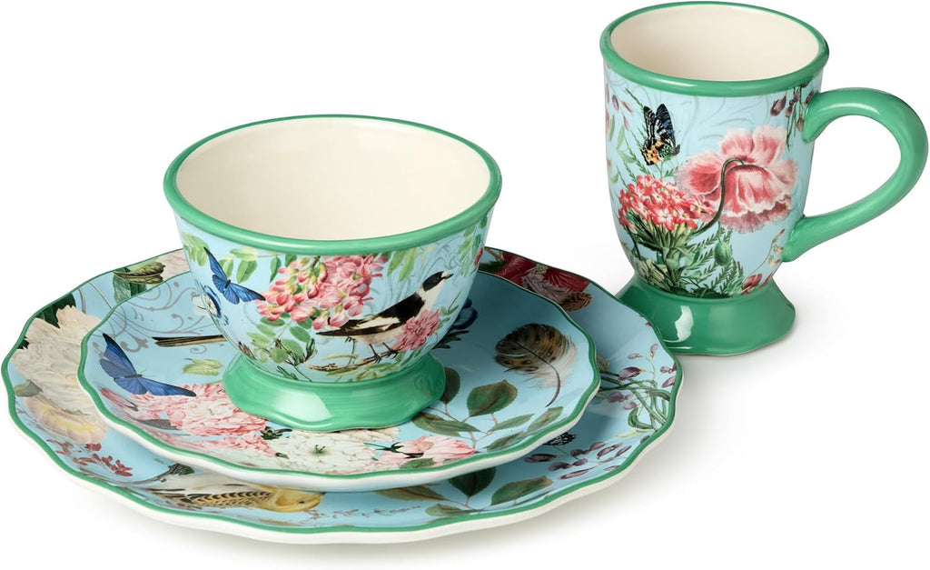 Flora 16-Piece Dinnerware Set, Service for 4 – Includes Dinner Plates, Dessert Plates, Pedestal Mugs, and Pedestal Ice Cream Bowls with Vibrant Nature-Inspired Floral Designs