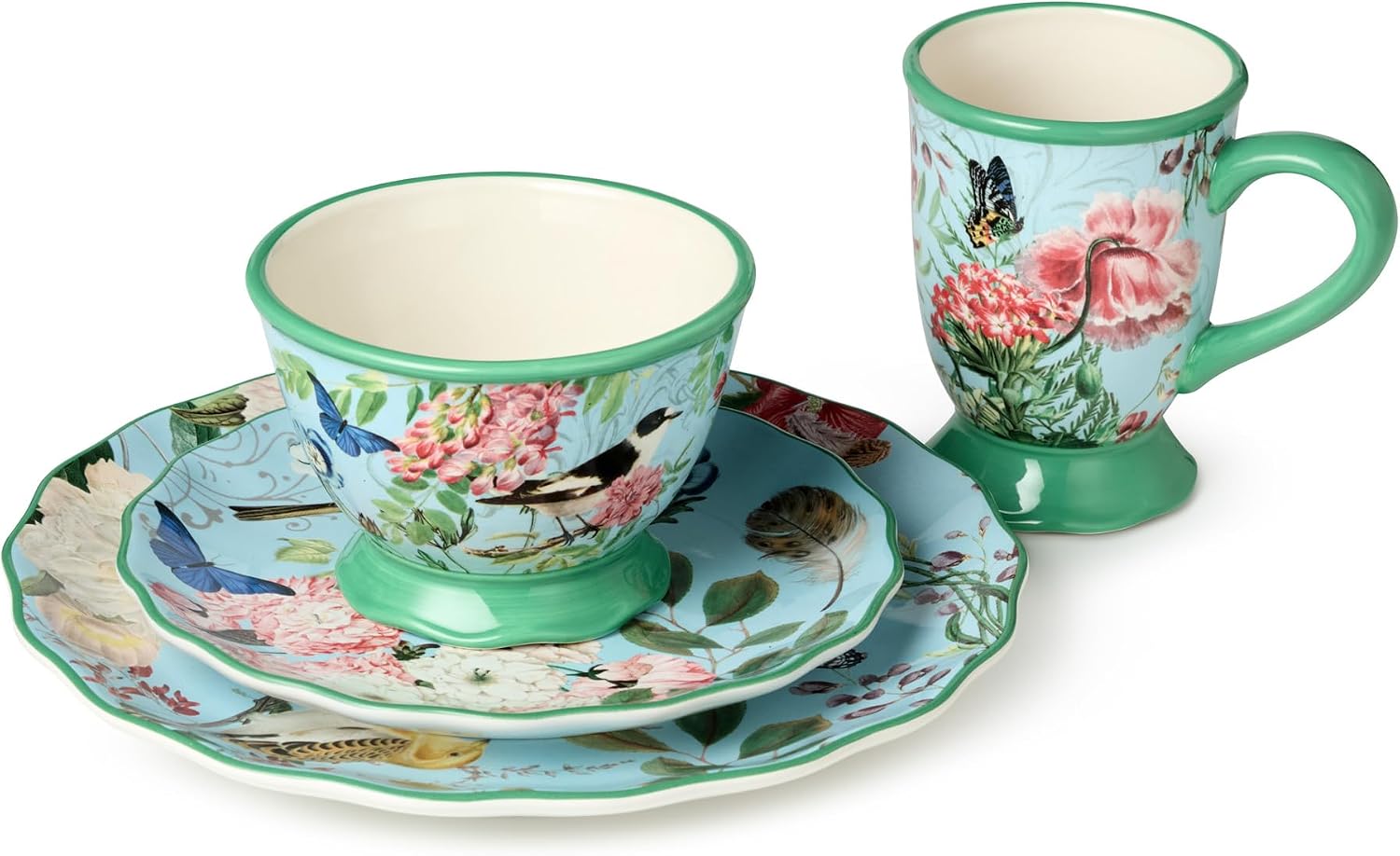 Flora 16-Piece Dinnerware Set, Service for 4 – Includes Dinner Plates, Dessert Plates, Pedestal Mugs, and Pedestal Ice Cream Bowls with Vibrant Nature-Inspired Floral Designs