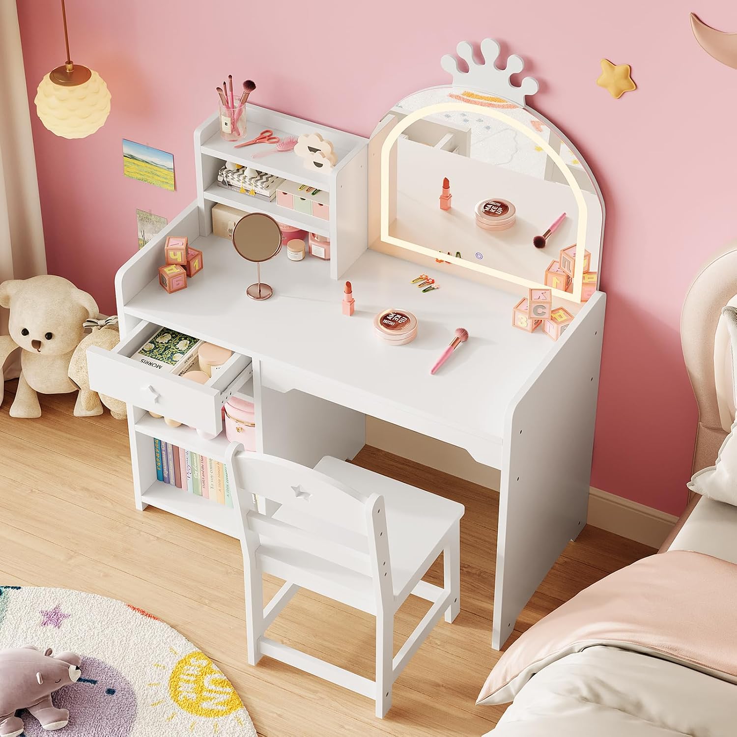 Garvee Kids Vanity with Lights, 2 in 1 Princess Makeup Vanity Desk with Open Bookshelf, Storage Cabinet & Shelves for Little Girls