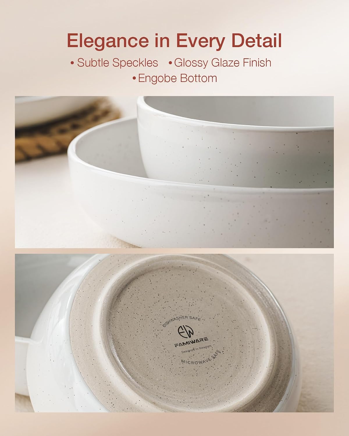 Famiware Milkyway Stoneware Dinnerware Sets with Pasta Bowls, Service for 6 (24 Pieces), Plates and Bowls Sets -Scratch Resistant, Microwave and Dishwasher Safe Dishes Set, White