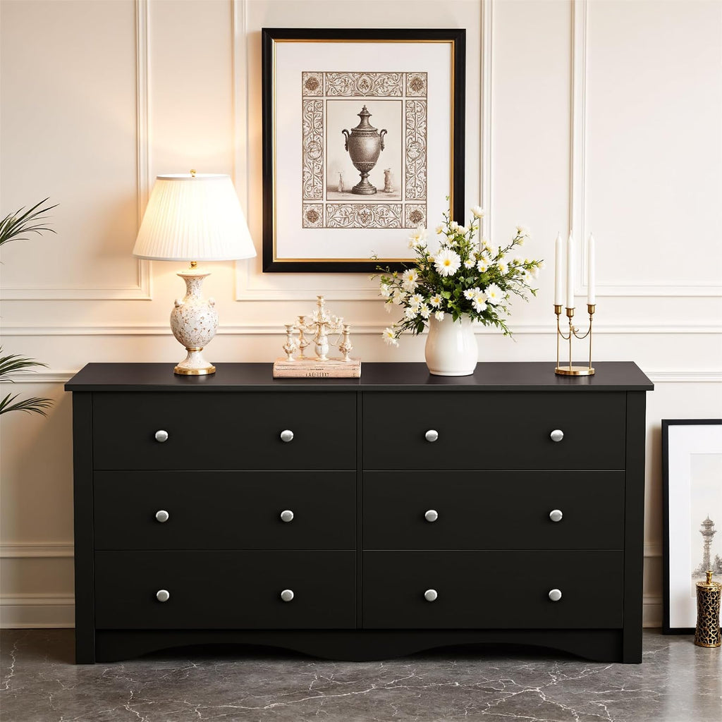 JUMMICO Black Dresser for Bedroom, 6 Wood Dresser Drawers, Wide Chest of Drawers, Storage Tower Unit, Modern Design for Bedroom, Living Room, Hallway, Entryway