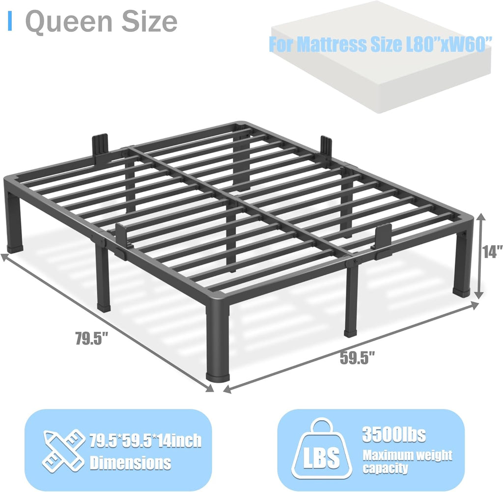 Yitong Angel 14 inch Queen Bed Frame with Round Corner Legs Mattress Slide Stopper,3500 lbs Heavy Duty Metal Platform,Steel Slats Support,No Box Spring Needed,Easy Assembly,Noise Free
