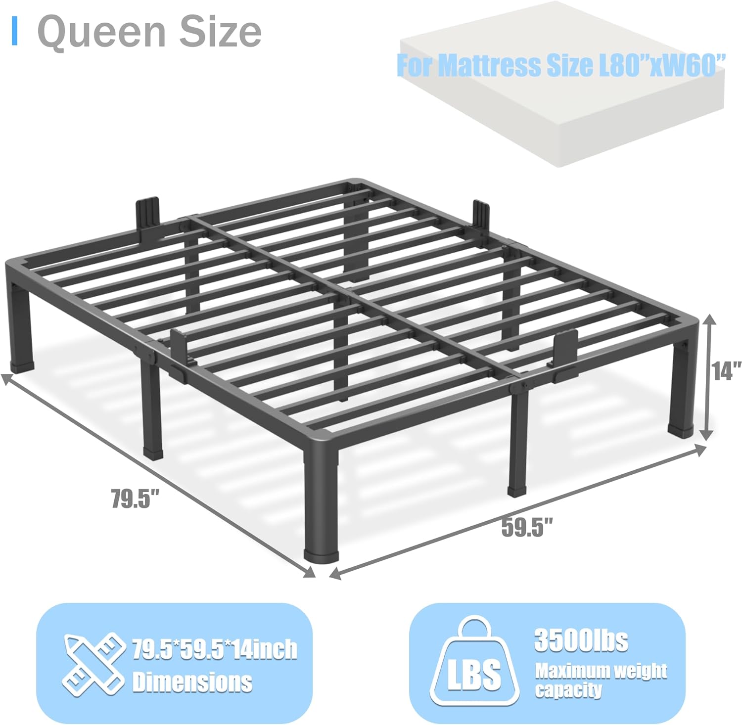 Yitong Angel 14 inch Queen Bed Frame with Round Corner Legs Mattress Slide Stopper,3500 lbs Heavy Duty Metal Platform,Steel Slats Support,No Box Spring Needed,Easy Assembly,Noise Free