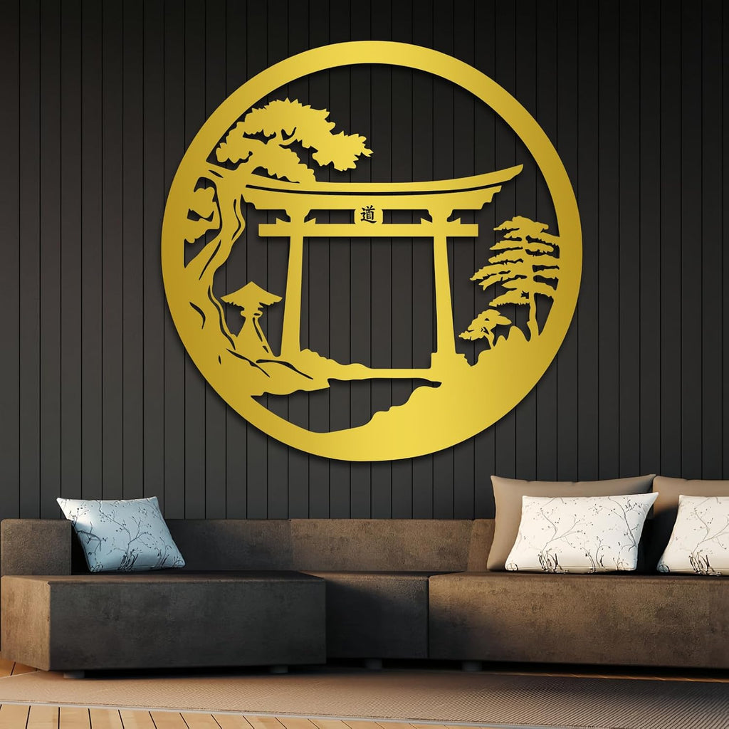 Maclou Bonsai Tree Metal Wall Art,Japanese Metal Wall Art,Torii Gate Wall Decor for Bedroom,Living Room,Bathroom,Out Door (Gold,28' x 28' / 70 x 70 cm)