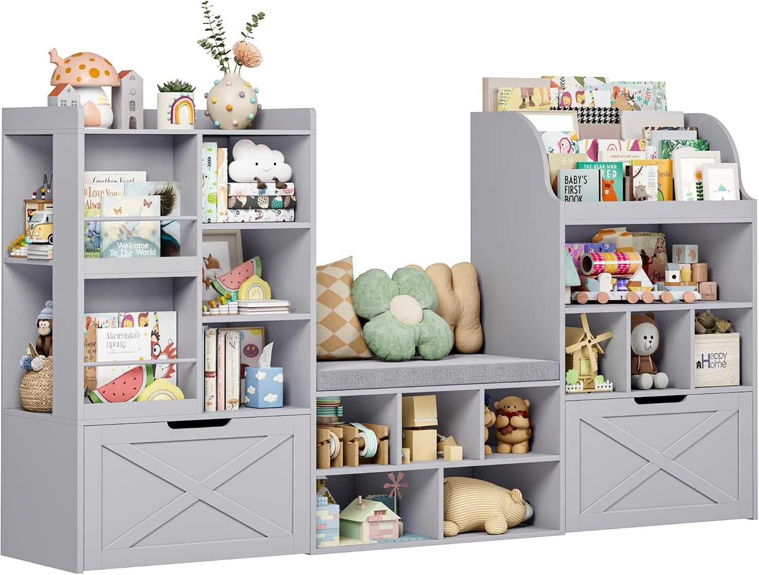 FINETONES 75' W Kids Bookshelf with Reading Nook, Large Toy Storage Toy Organizer with Seat Cushion and 2 Movable Drawers, Kids Reading Nook Kid Bench for Playroom Living Room, Grey