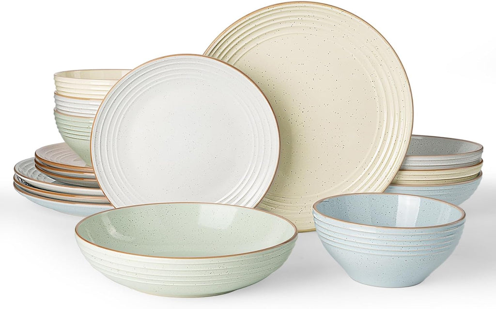 Famiware Jupiter 16-Piece Stoneware Dinnerware Set - Includes Pasta Bowl & Dinner Plate, Handcrafted Dishes with Speckles & Embossed Swirls, Chip & Scratch Resistant, Service for 4, Multi-color