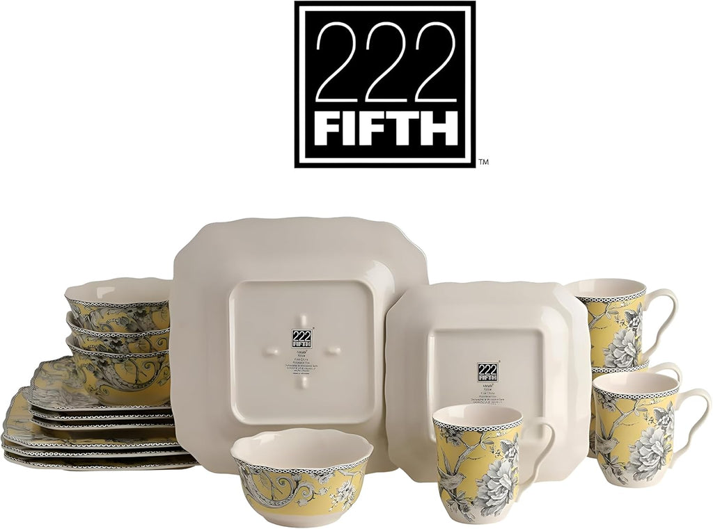 222 Fifth Adelaide Yellow 16-Piece Floral Porcelain Dinnerware Set | Microwave and Dishwasher Safe Dining Set for 4 | Stackable & Chip-Resistant Plates Bowls and Cups | Gift for Housewarming & Wedding