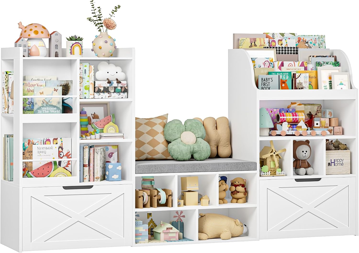 FINETONES 75' W Kids Bookshelf with Reading Nook, Large Toy Storage Toy Organizer with Seat Cushion and 2 Movable Drawers, Kids Reading Nook Kid Bench for Playroom Living Room, White