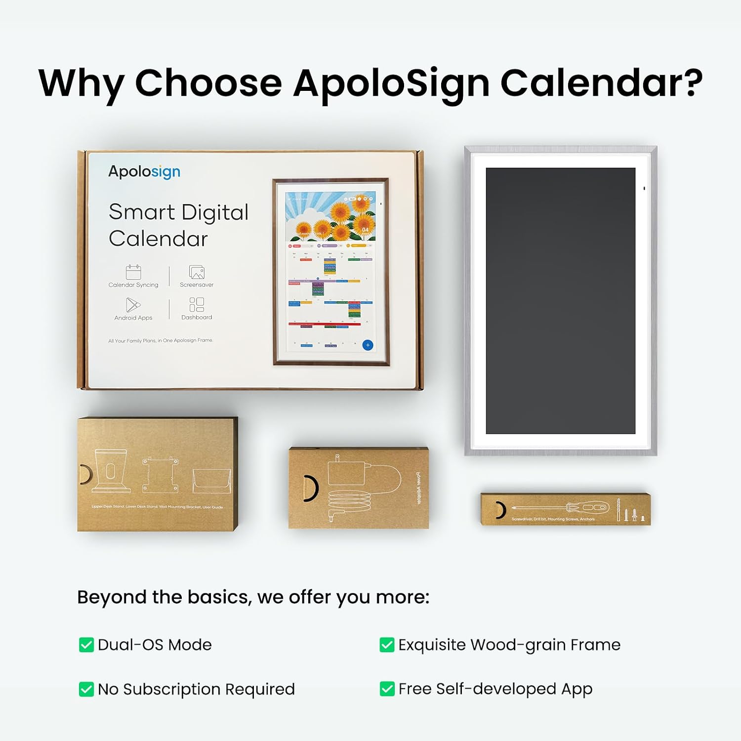 Apolosign 15.6-inch Digital Family Calendar, No Subscription Fee, Smart Wall Planner with Calendar Sync, Chore Chart & Touchscreen Display for Busy Families, Dual Mode, with Stand (Gray)