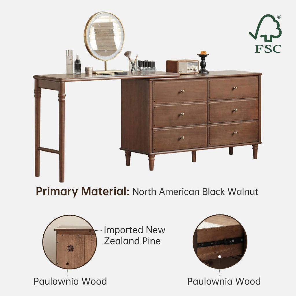 YESWOOD Large Vanity Desk with 6 Storage Dresser, North America Black Walnut Wood Adjustale Makeup Table for Girls, Vanity Set for Bedroom, Bathroom, 97' D x 16' W x 31' H（no Chair no Mirror）