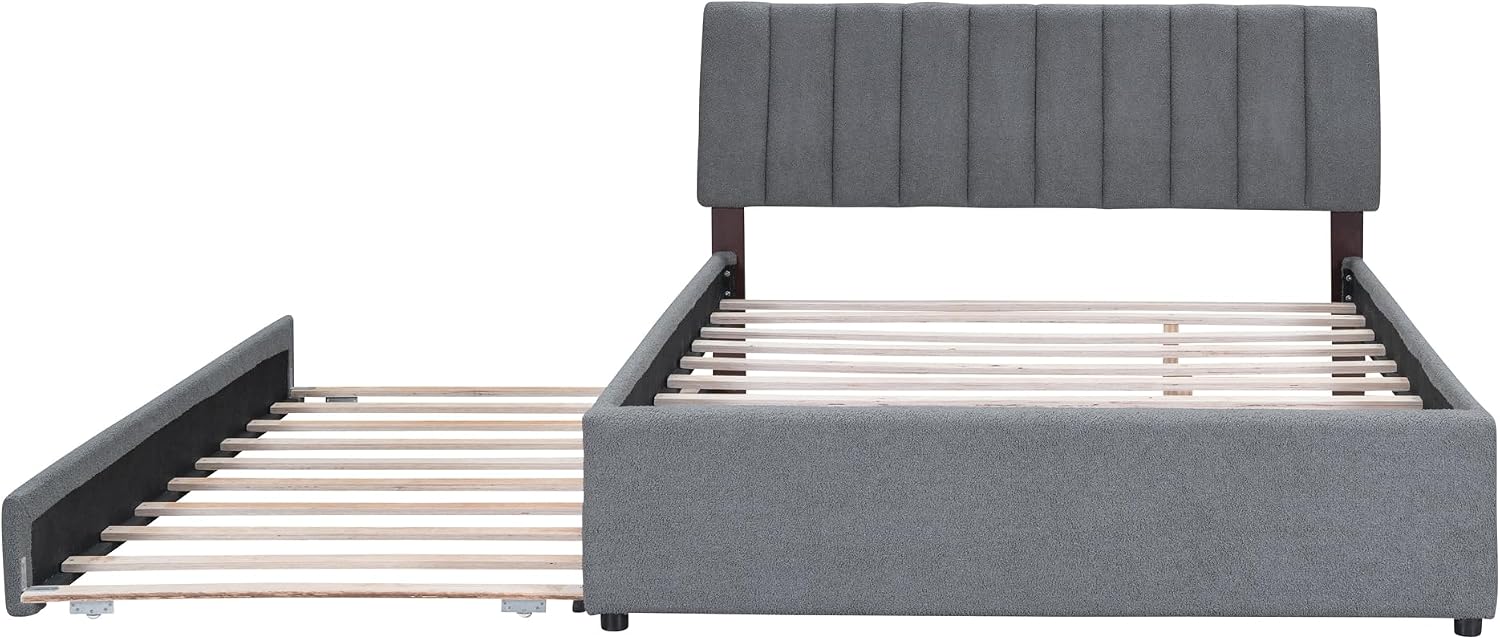 Teddy Fleece Queen Size Upholstered Platform Bed Frame for Boys Girls Kids Adults Toddler with Trundle, Gray