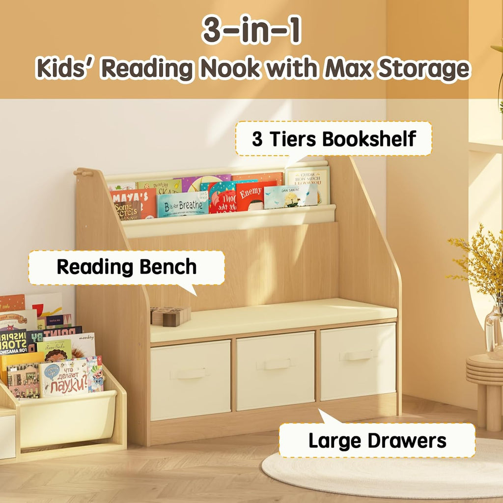 Kids Reading Nook and Storage Organizer - Large Book Storage with 3 Drawer Bench 3 Tier Book Sling, Bag Hook Perfect Book Nook for Ages 3-12 Chirstmas Gift