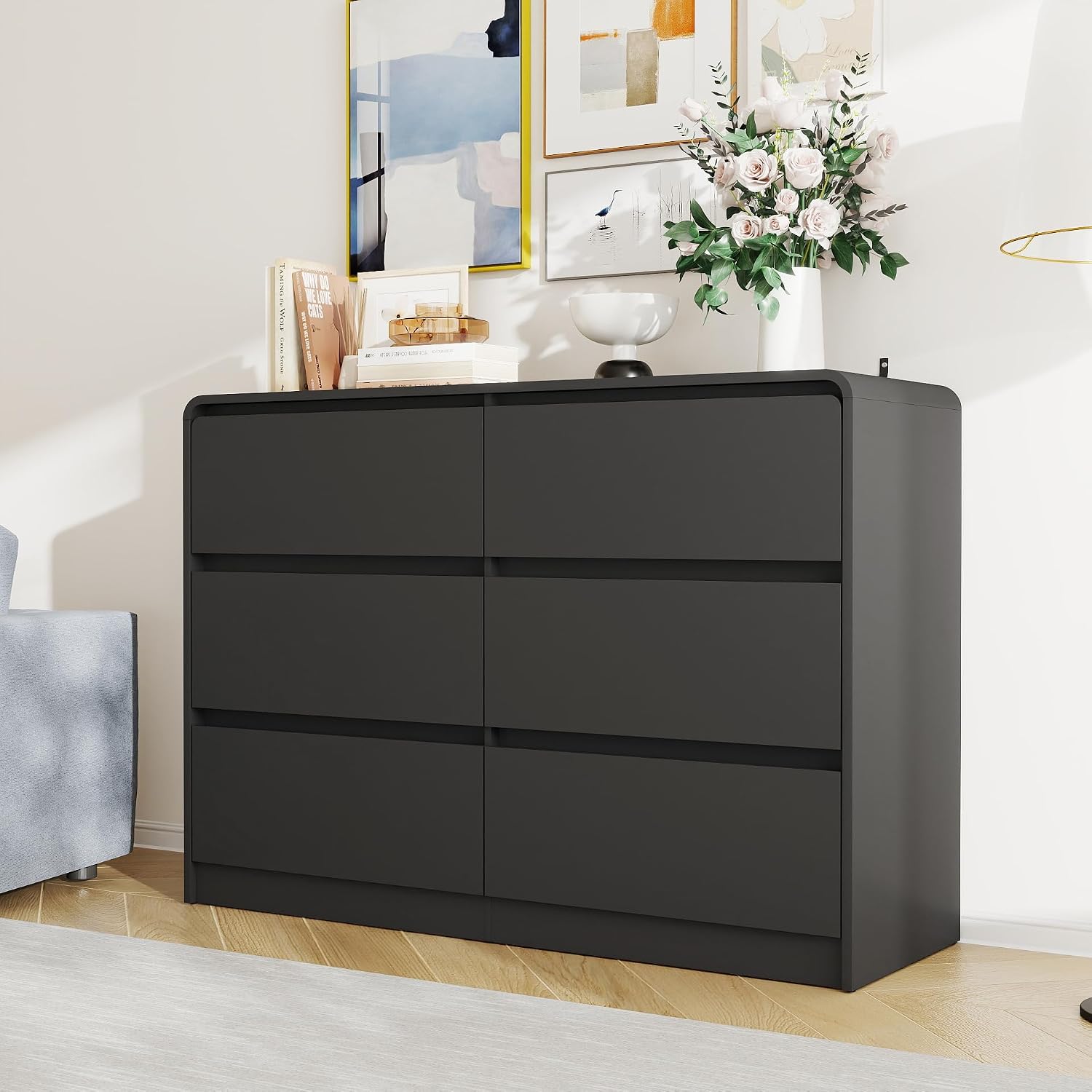 Black 6 Drawer Dresser for Bedroom,Modern Chest of Drawer with Curved Corner and No-Handle Design,Bedroom Storage Organizer Dresser for Closet,Hallway
