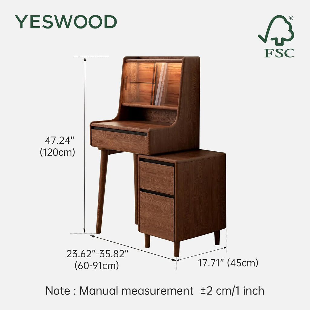 YESWOOD Extendable Vanity Desk with Dresser, Ash Wood Makeup Table for Girls, Vanity Set with LED Light and Glass Door for Bedroom, Bathroom