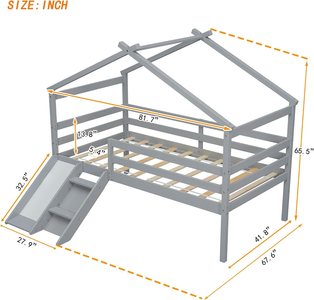 Twin Size Low Loft Bed with Slide and Ladder,Bed Frame W/Safety Guardrails & House Shape Roof,for Bedroom,Apartment,Guest Room,Easy Assembly,Grey