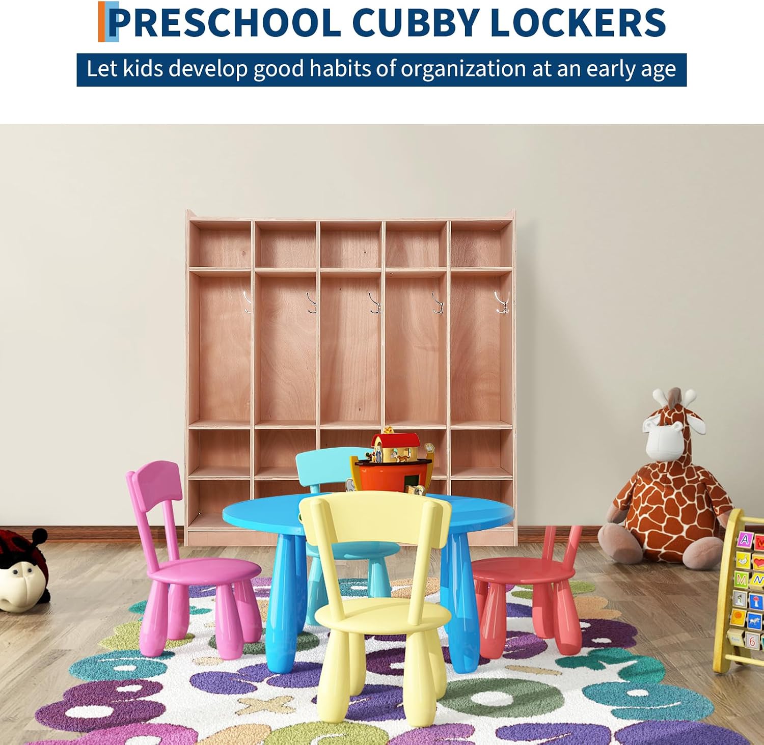 Garvee 5-Section Classroom Coat Locker, 15 Cubbies for Classrooms with Anti-tip Anchors, Daycare Cubby with 4 casters, 5 Hooks and 2 Storage Boxes, for Home/School/Kindergarten