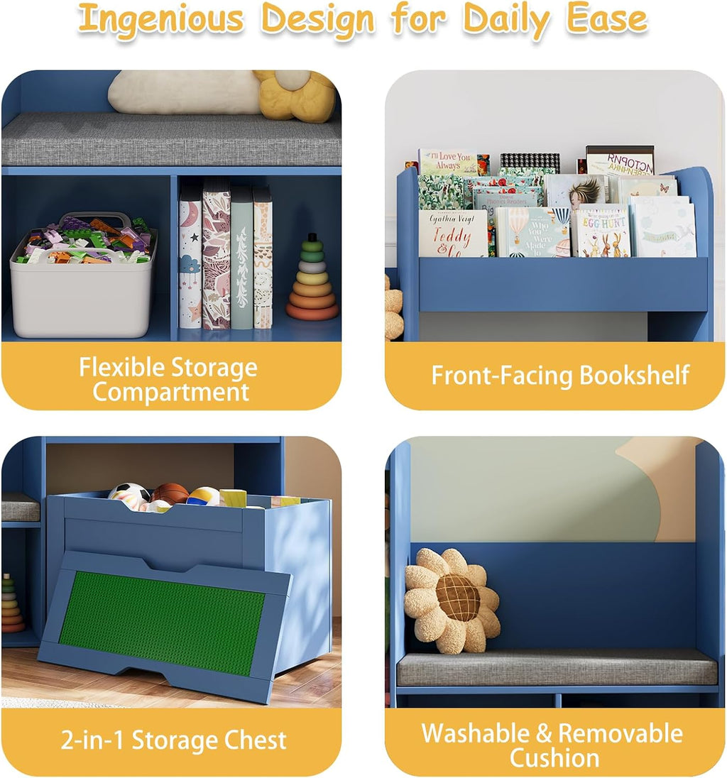 68.9'W Reading Nook, Kids Bookshelf, Toy Storage Organizer, Removable Building Baseplate Lid for Lego, Rolling Drawers, Stuffed Animal Storage, Bench and Removable Cushions for Playroom(Blue)