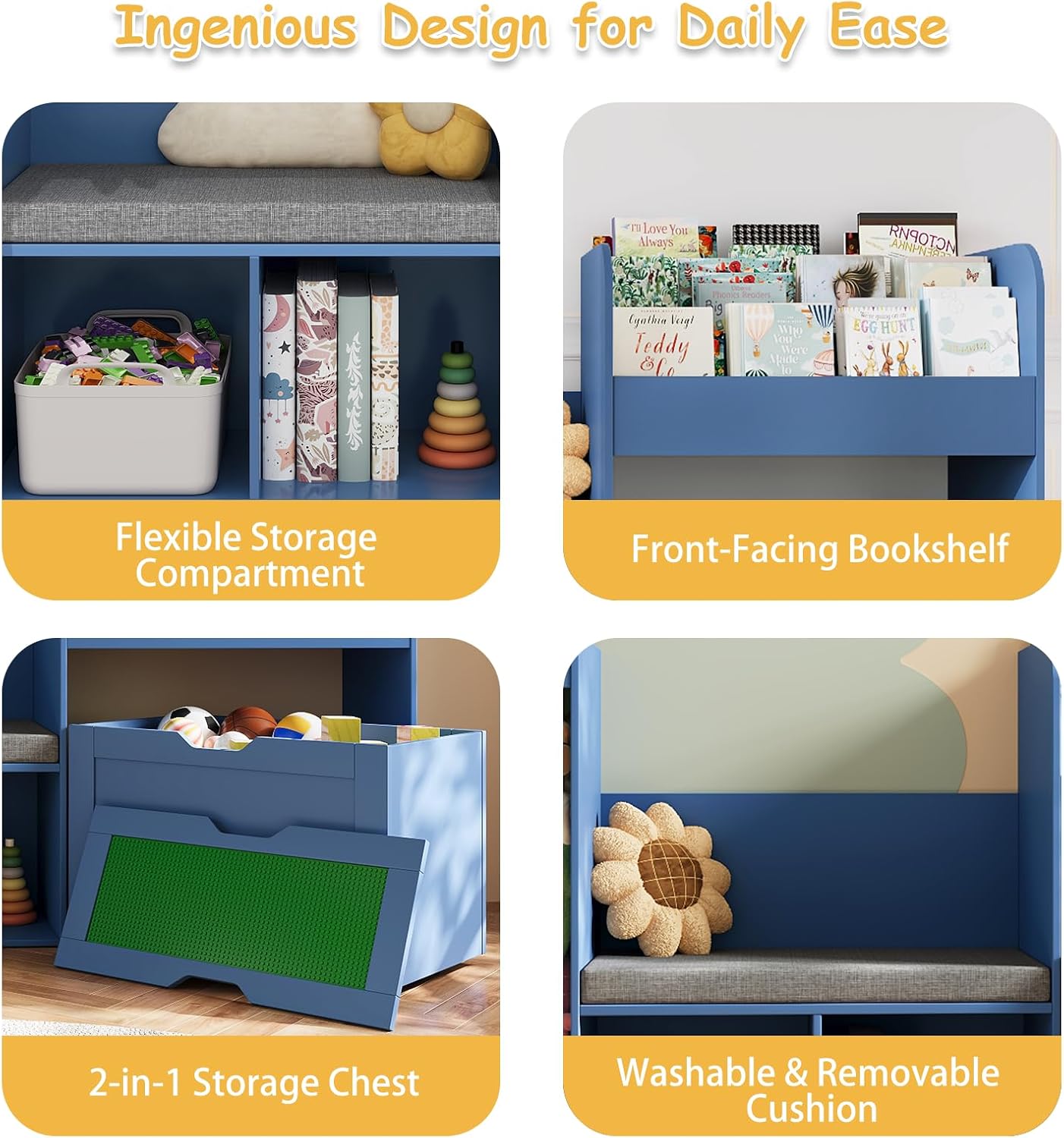 68.9'W Reading Nook, Kids Bookshelf, Toy Storage Organizer, Removable Building Baseplate Lid for Lego, Rolling Drawers, Stuffed Animal Storage, Bench and Removable Cushions for Playroom(Blue)