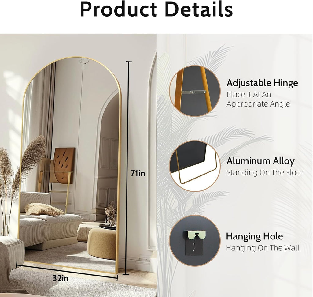Beauty4U 71' x 32' Arched Full Length Mirror, HD Tempered Glass Floor Mirror with Gold Aluminum Frame, Standing/Leaning/Wall Mounted Mirror for Bedroom, Dressing Room & Living Room