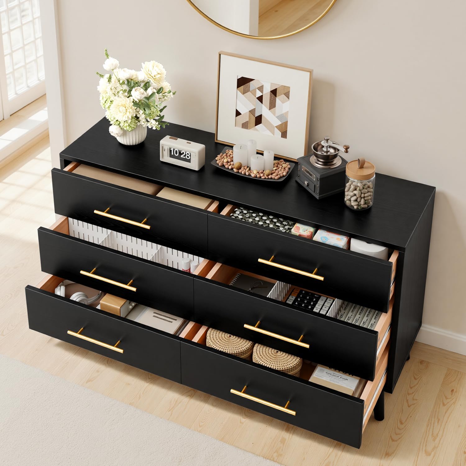 Ahomly 6 Drawer Dresser for Bedroom, Modern Dresser with Anti-Tip Kit, Ample Storage & Silent Gliding Slides, Wooden Chest of Drawers for Living Room, Entryway, Nursery, Black