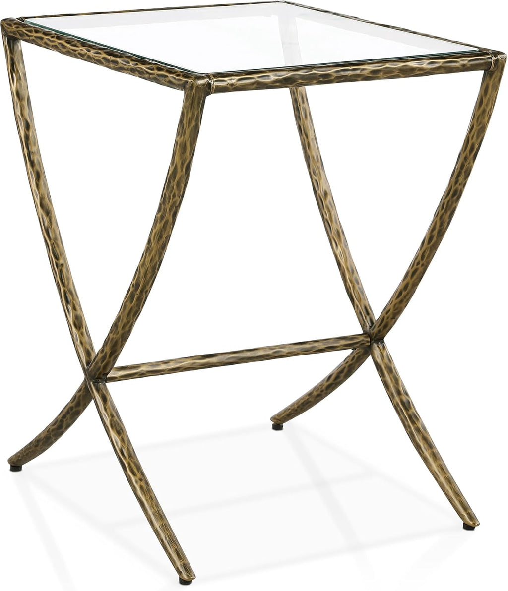 24/7 Shop at Home Lalia Hammered Metal 3-Piece Bedroom Collection, Upholstered Bed Frame with Camelback Headboard, Forged Steel and Curved Nightstands, Foundation Required, Full, Matte Gold